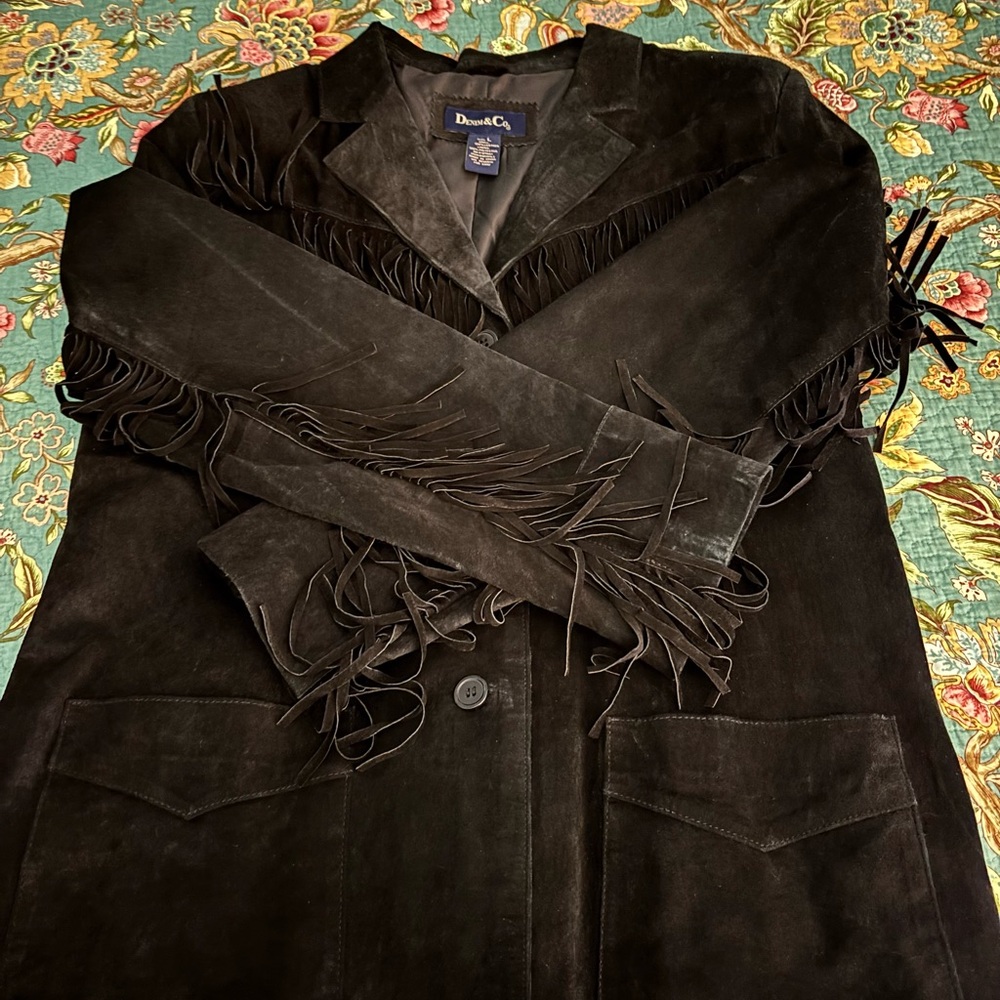 Denim&Co Black Fringe Suede Leather Jacket